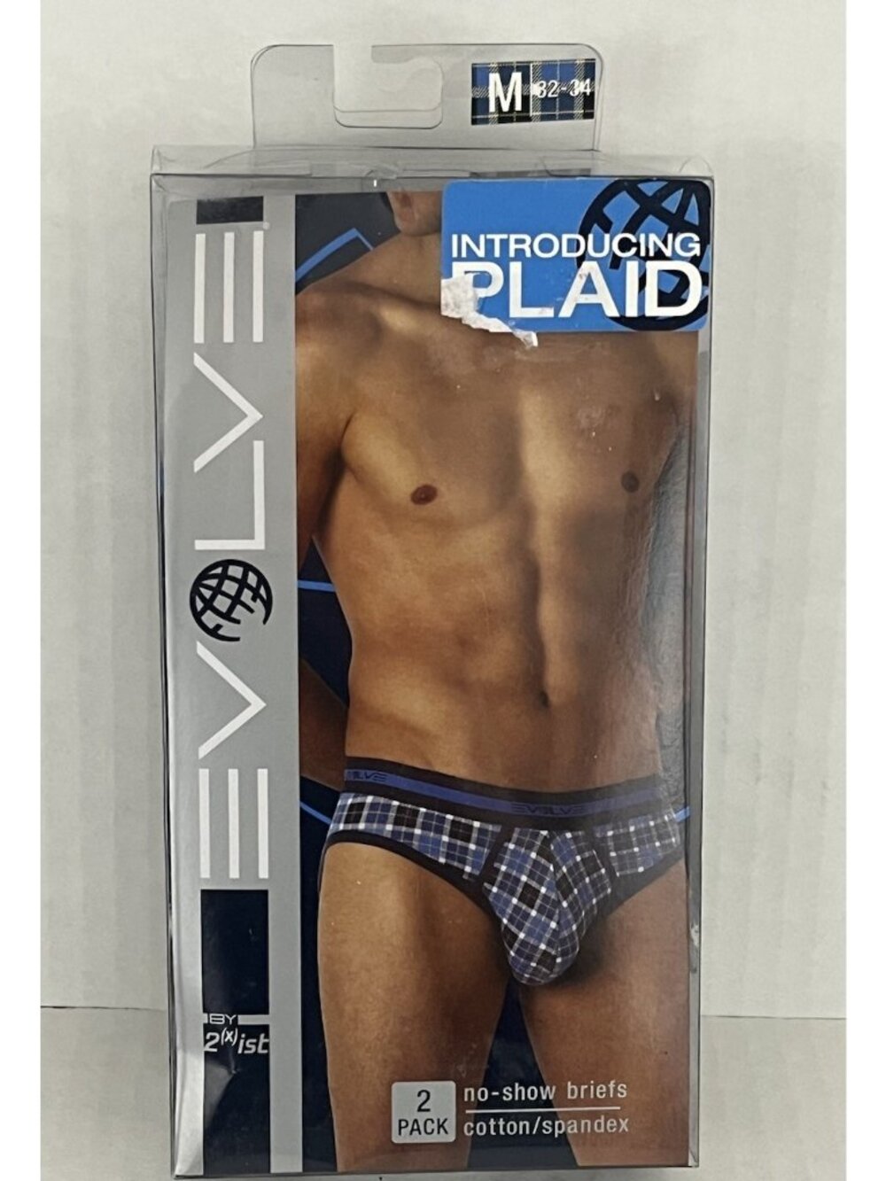 Evolve 2xist No Show Briefs 2pk Plaid Cotton Spandex Men's M 32-34 NEW